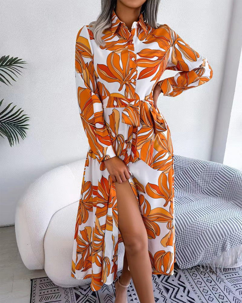 Floral Print Lapel Shirt Dress With Contrast Casual Dresses