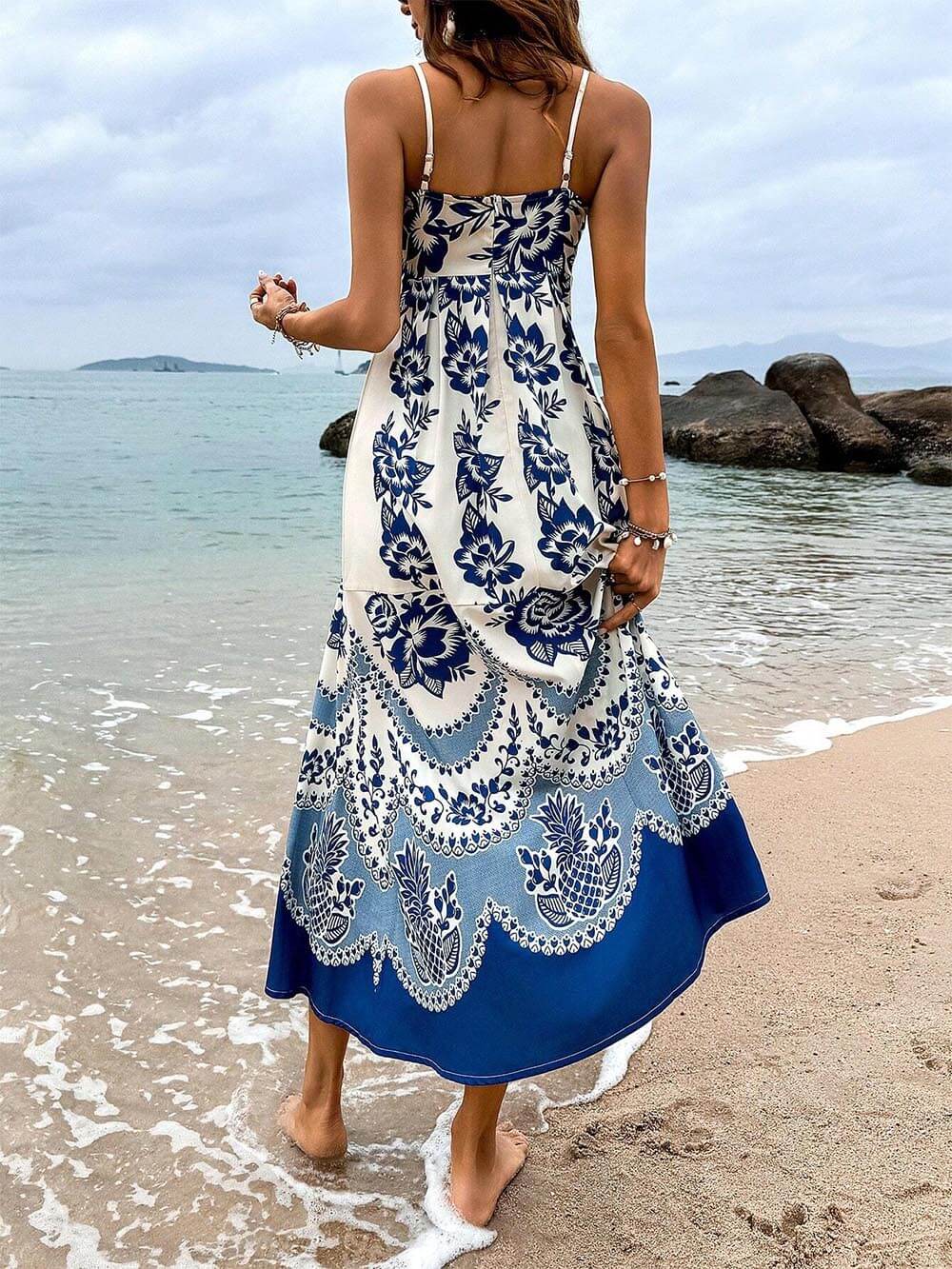 Floral Ethnic Print Back Graceful Smocked Loose Midi Dress Dresses