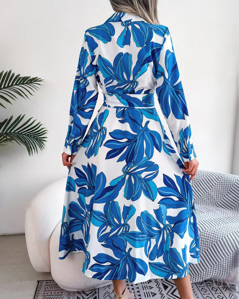 Floral Print Lapel Shirt Dress With Contrast Casual Dresses