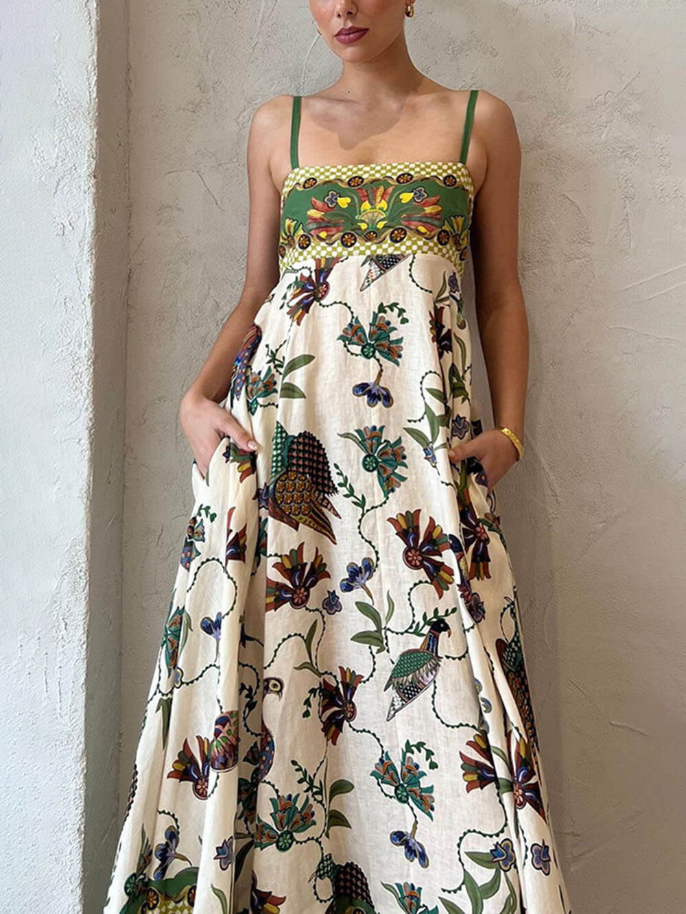 Sun Drenched Unique Print Graceful Smocked Back Pocketed Dress Dresses