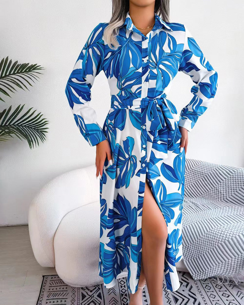 Floral Print Lapel Shirt Dress With Contrast Casual Dresses
