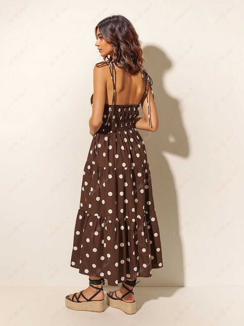 Chocolate And Ivory Polka Dot Trendy Print Pleated Elastic Strap Dress Dresses
