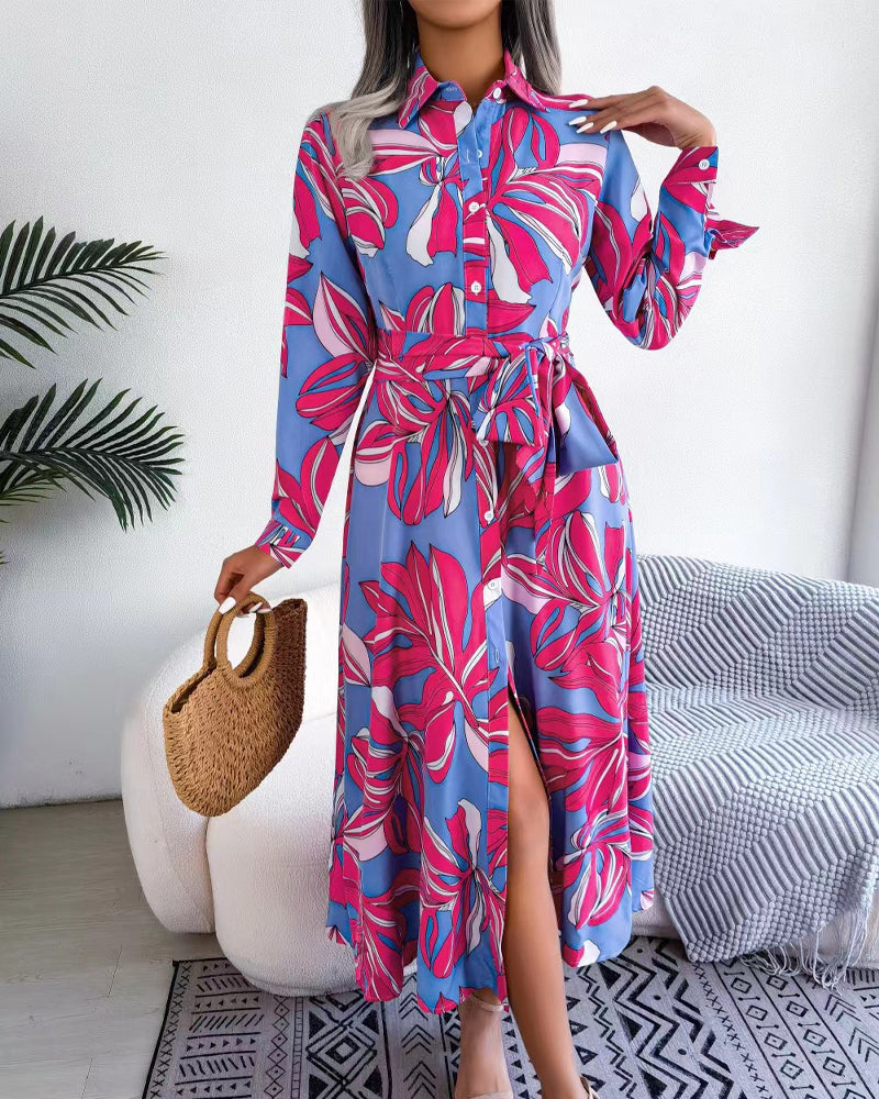 Floral Print Lapel Shirt Dress With Contrast Casual Dresses
