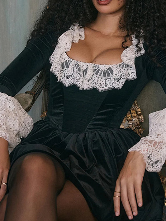 Robe de soirée sexy à empiècements en dentelle, col carré, manches longues, taille haute 