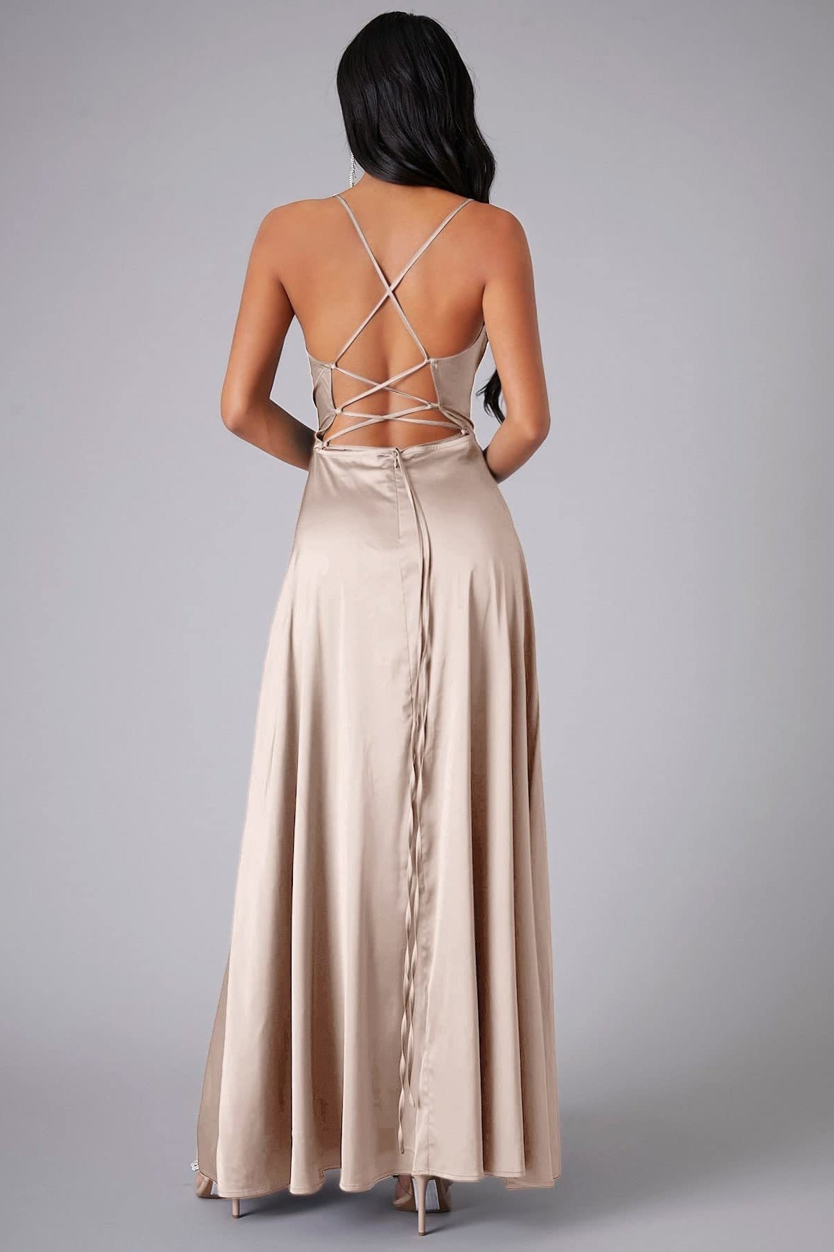 Elegant Spaghetti Strap Ruched Formal Dress S / Khaki