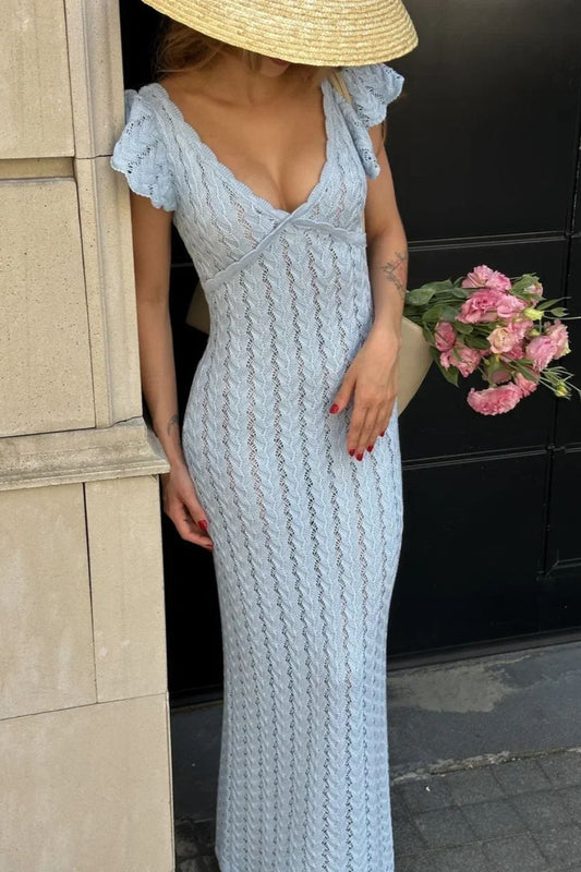 Robe bohème dos nu en tricot à volants et col en V