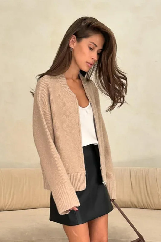Pleated Knit O Neck Zipper Cardigan