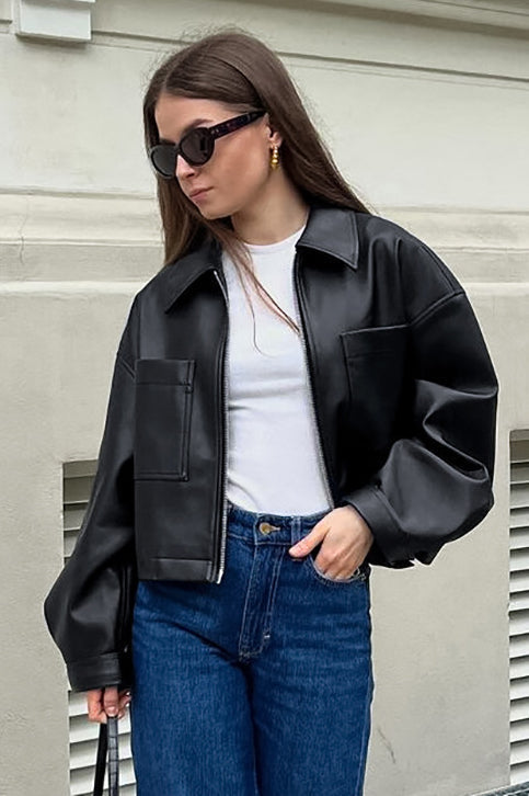 Loose Fit Matte Leather Short Jacket Black / S coats