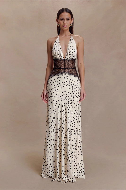 Polka Dot Lace Patchwork Deep V Backless Ruched Elegant Maxi Dress