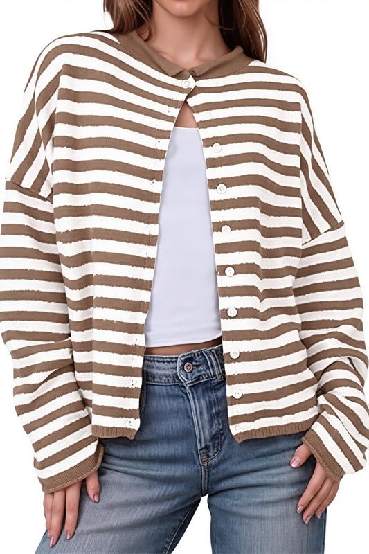 Neutral Stripe Crew Neck Button Knit Cardigan