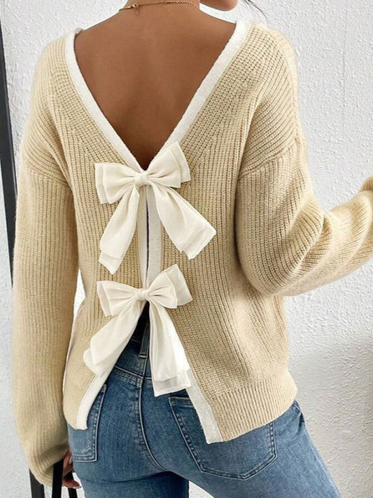 Back Bow Detail Crewneck Knit Sweater