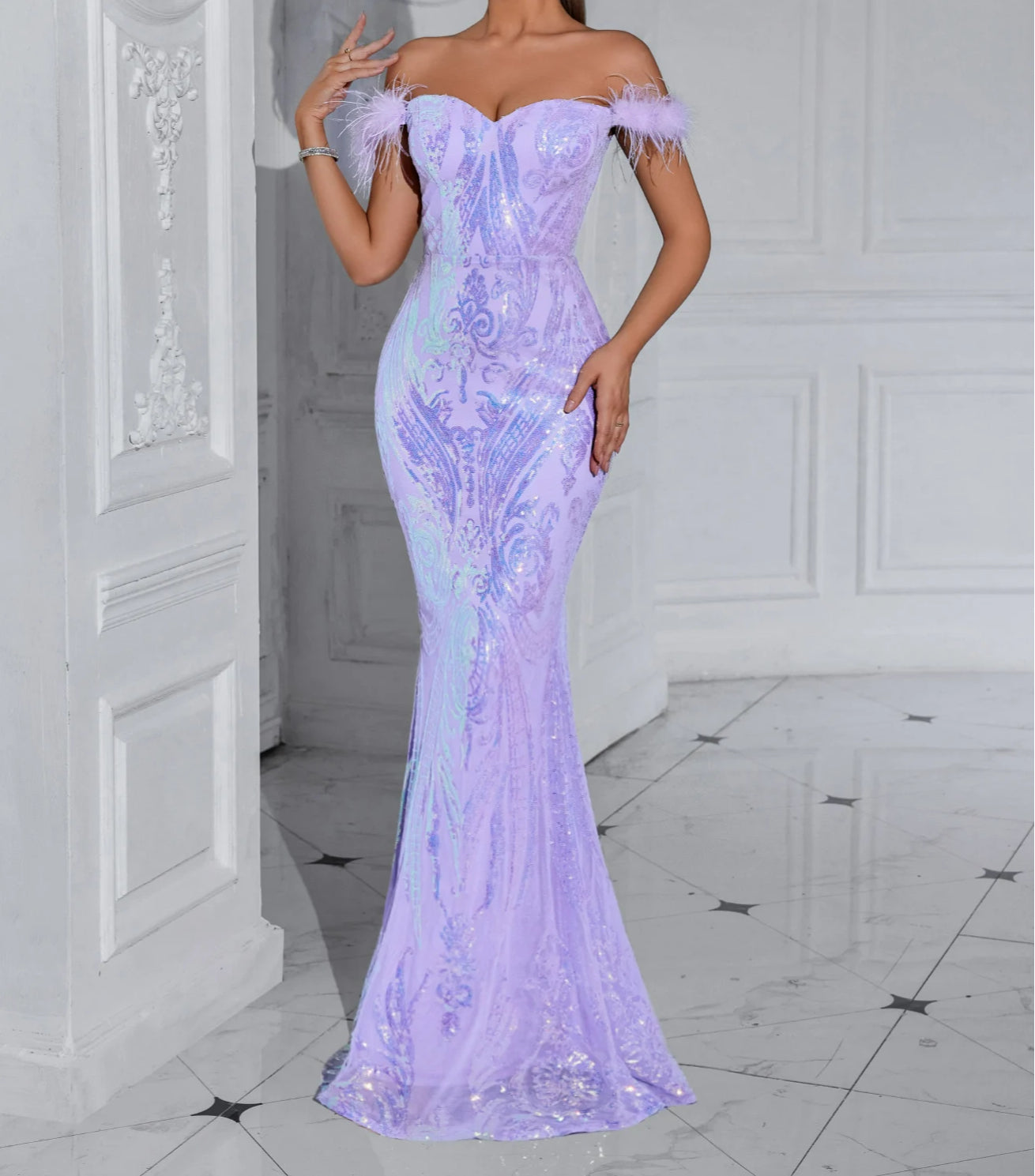 Solid Faux Feather Off-Shoulder Party Dress Partydress-241208