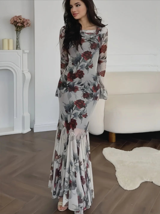 Robe de soirée romantique à manches longues et imprimé floral 