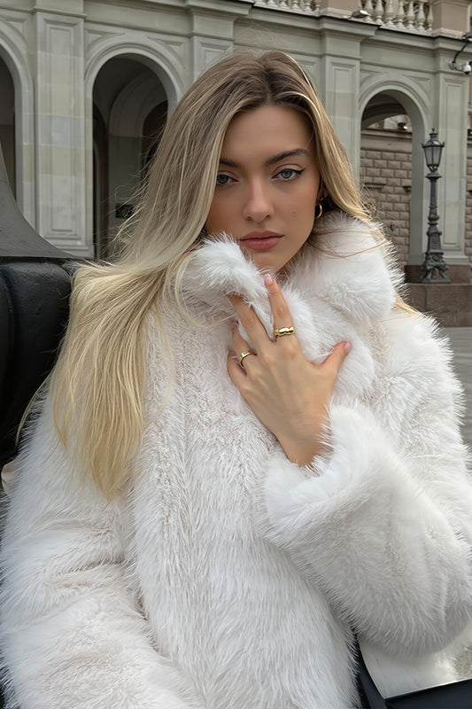 Solid Collar Mid Length Faux Fur Coat