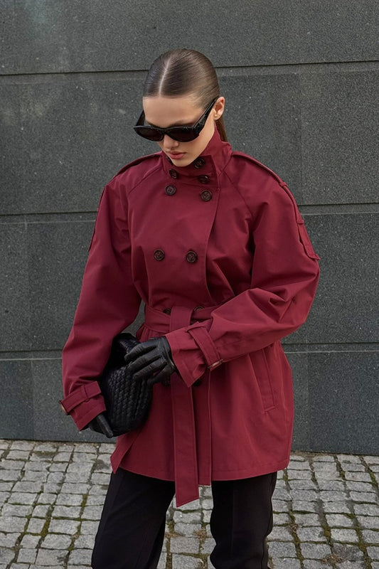 Stand Collar Belted Trench Jacket