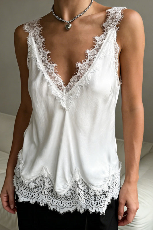 Solid V Neck Lace Trim Tank Top