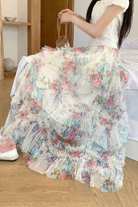 Floral Tulle Tiered Maxi Skirt