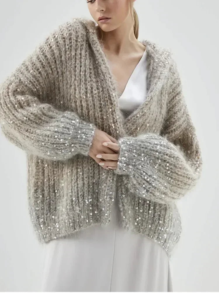 Glitter Hooded Long Sleeve Cardigan Gray / S Cardigan-241208