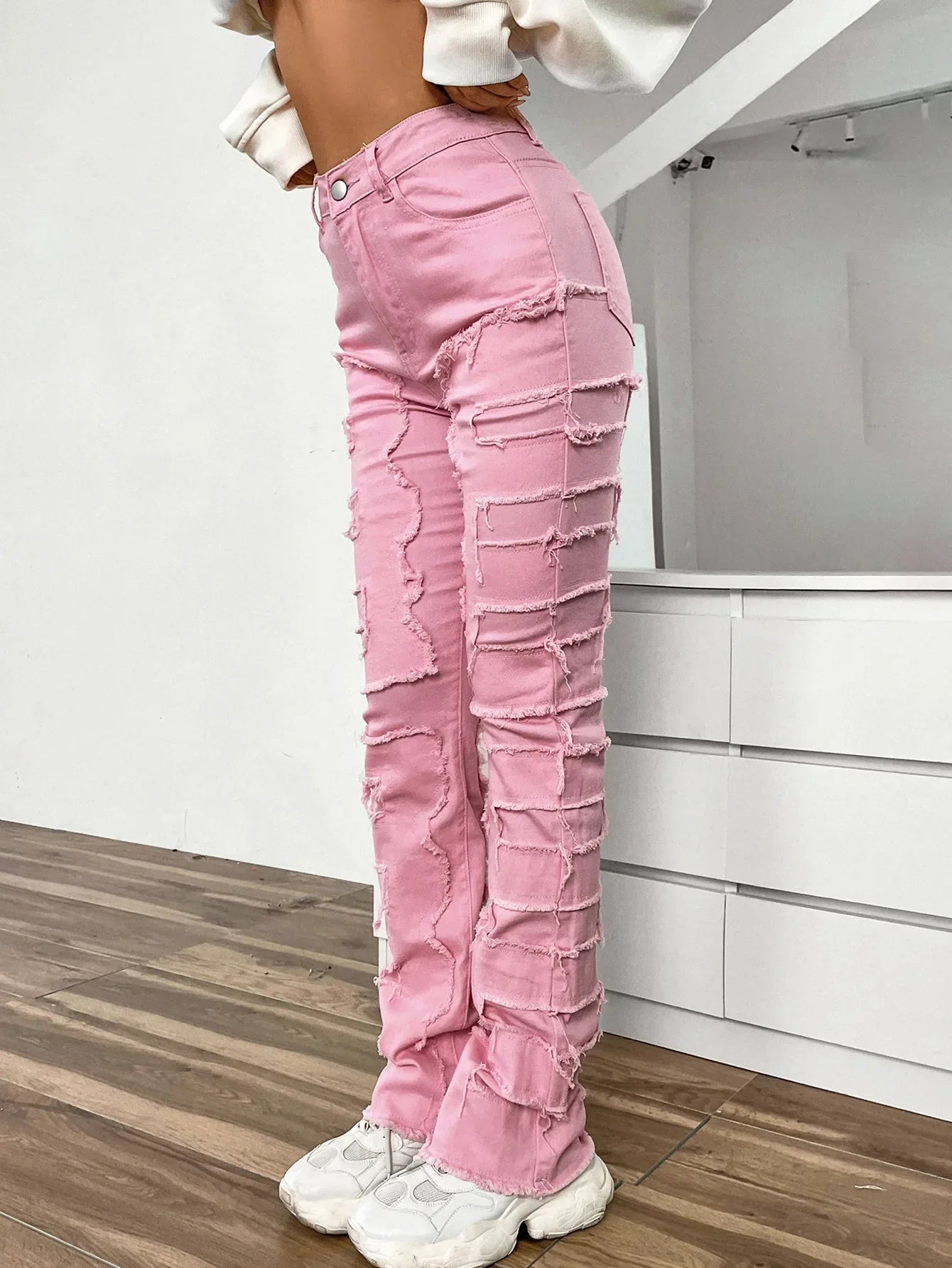 2024 New European And American Streetwise Stretch Patch For Women High Street Straight Fit Long