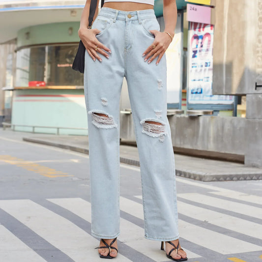 New Loose Retro Casual High Waist Ripped Wide Leg Street Fashionable Female Jean Blue / S