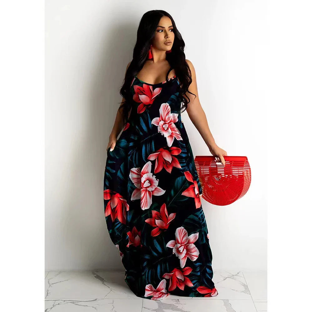 Loose Floral Print Slip Dress Long Skirt Floral Dress honghua-lancao / S floraldress-250126