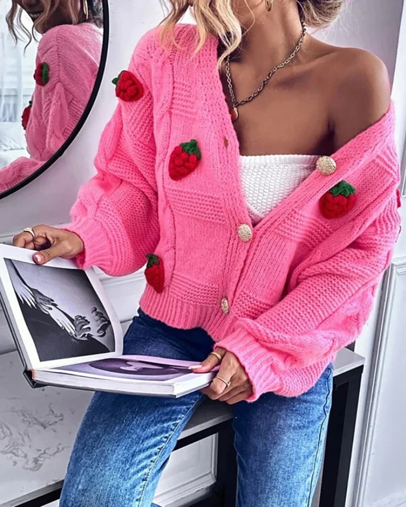 Strawberry Print Loose Fitting Knit Cardigan cardiagn-250126