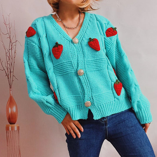 Strawberry Print Loose Fitting Knit Cardigan Light Green / One Size cardiagn-250126