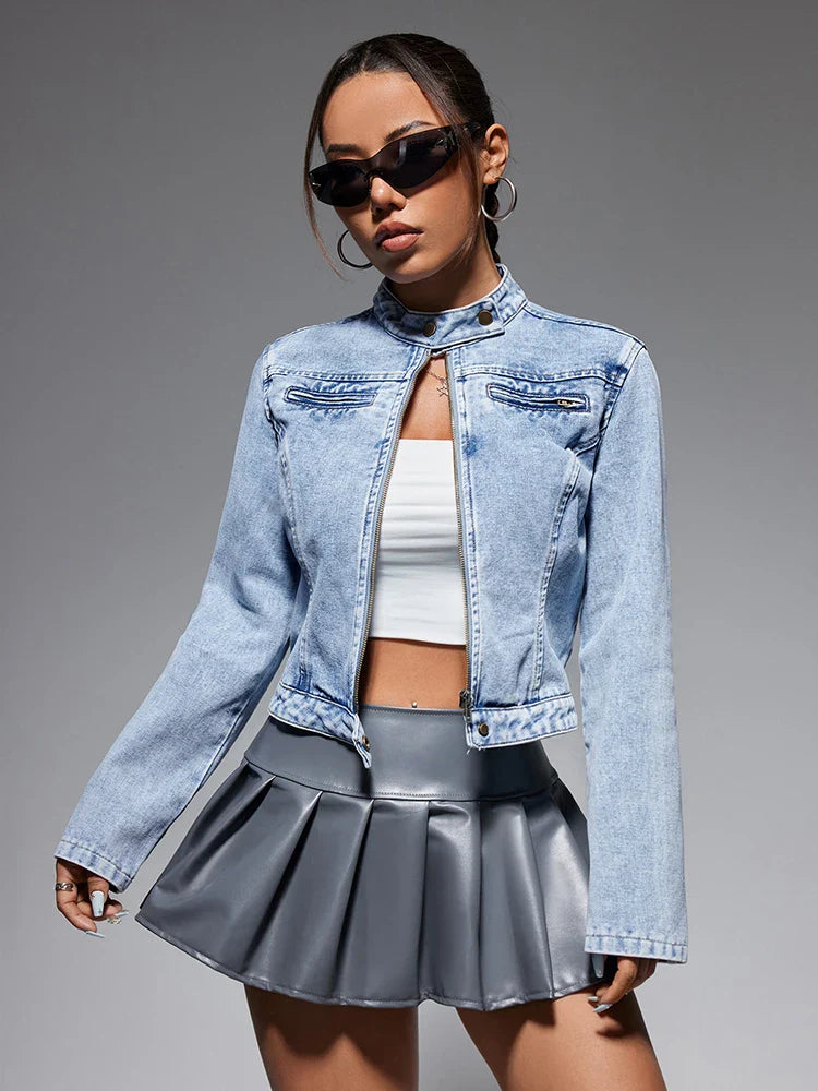 Streetwear Denim Cropped Gothic Button Ripped Bomber Long Sleeve Jacket Blue / Xs
