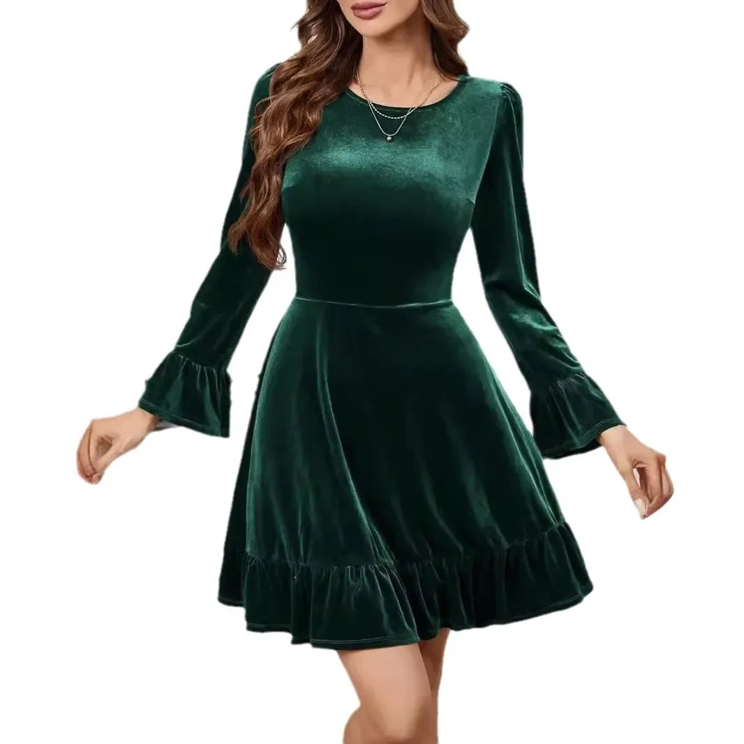 Autumn Winter A-Line Ruffles Elegant Party Golden Velvet Mini Nightdress Christmas Dress Dresses-L