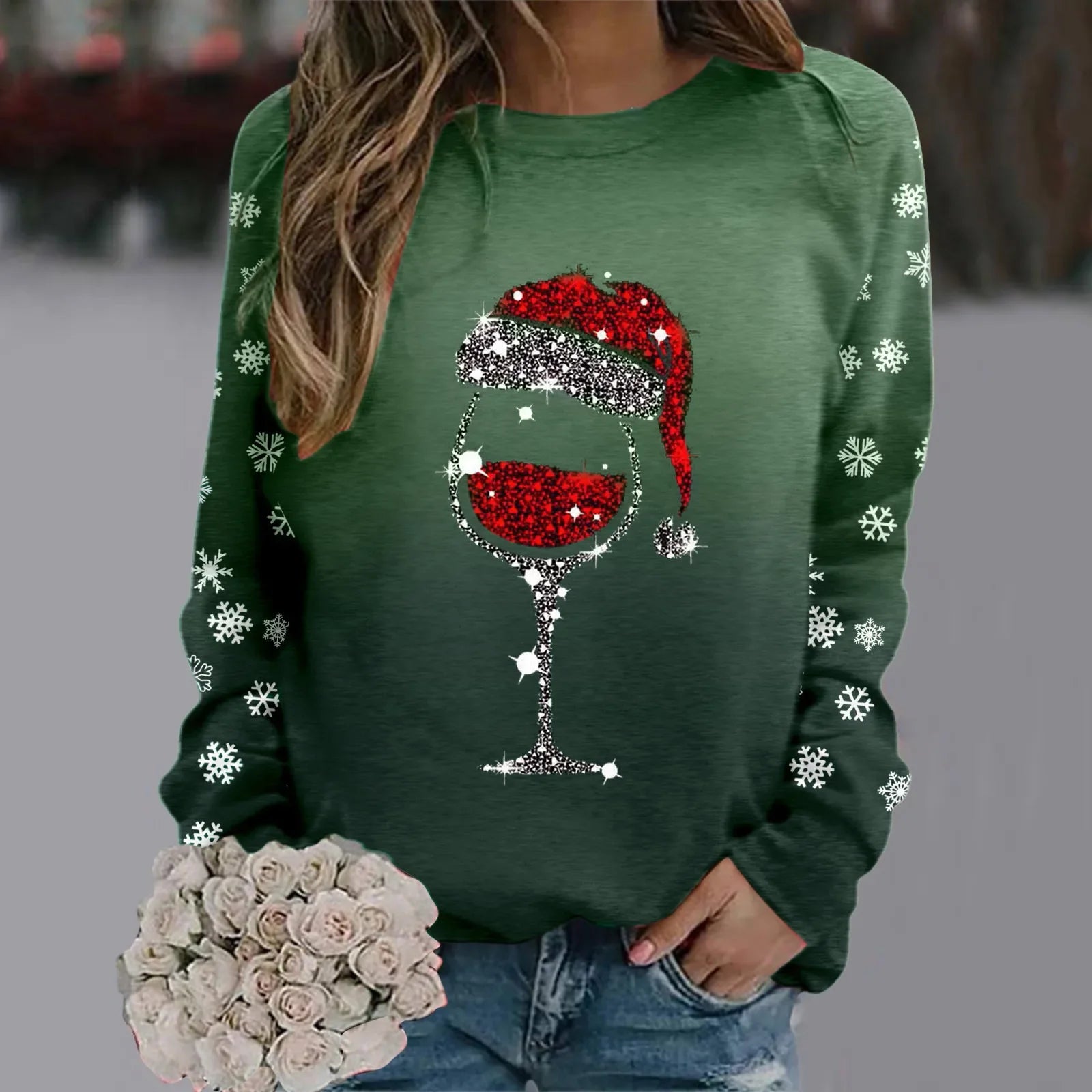 Cute Reindeer Graphic Long Sleeve Sweatshirt New Year Christmas Sweater 2-Green / S Sweaters-L