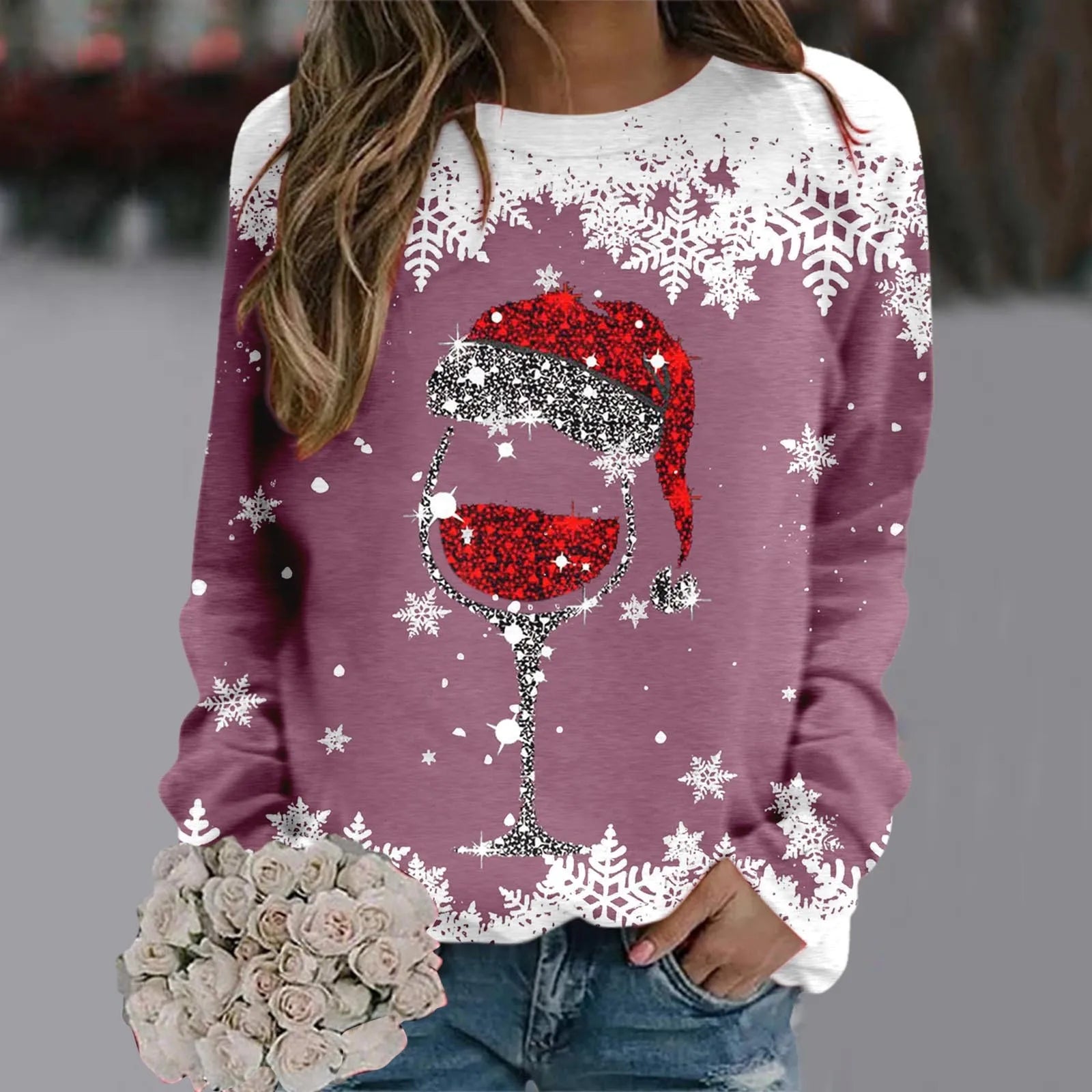Cute Reindeer Graphic Long Sleeve Sweatshirt New Year Christmas Sweater 1-Hot Pink / S Sweaters-L