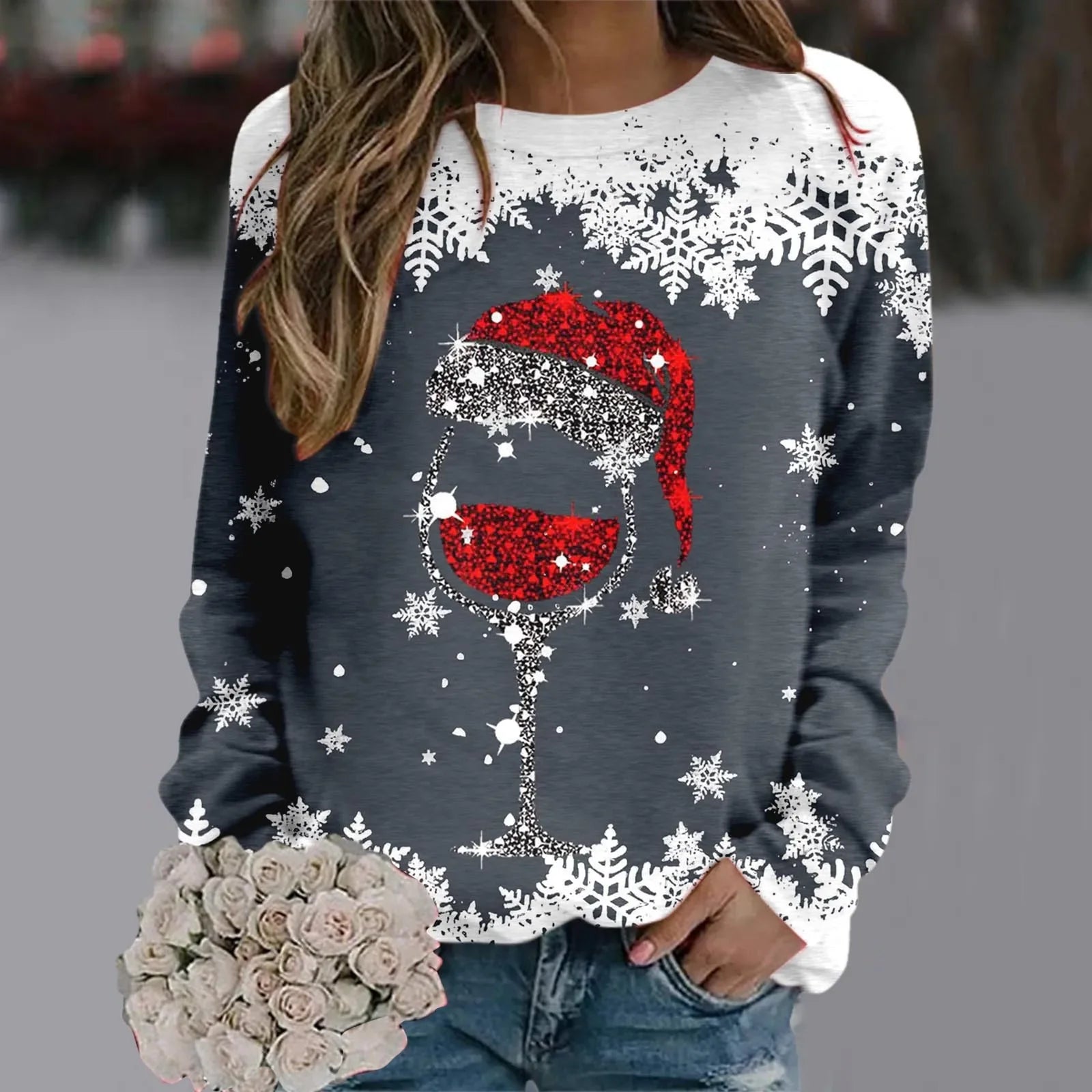 Cute Reindeer Graphic Long Sleeve Sweatshirt New Year Christmas Sweater 1-Dark Gray / S Sweaters-L
