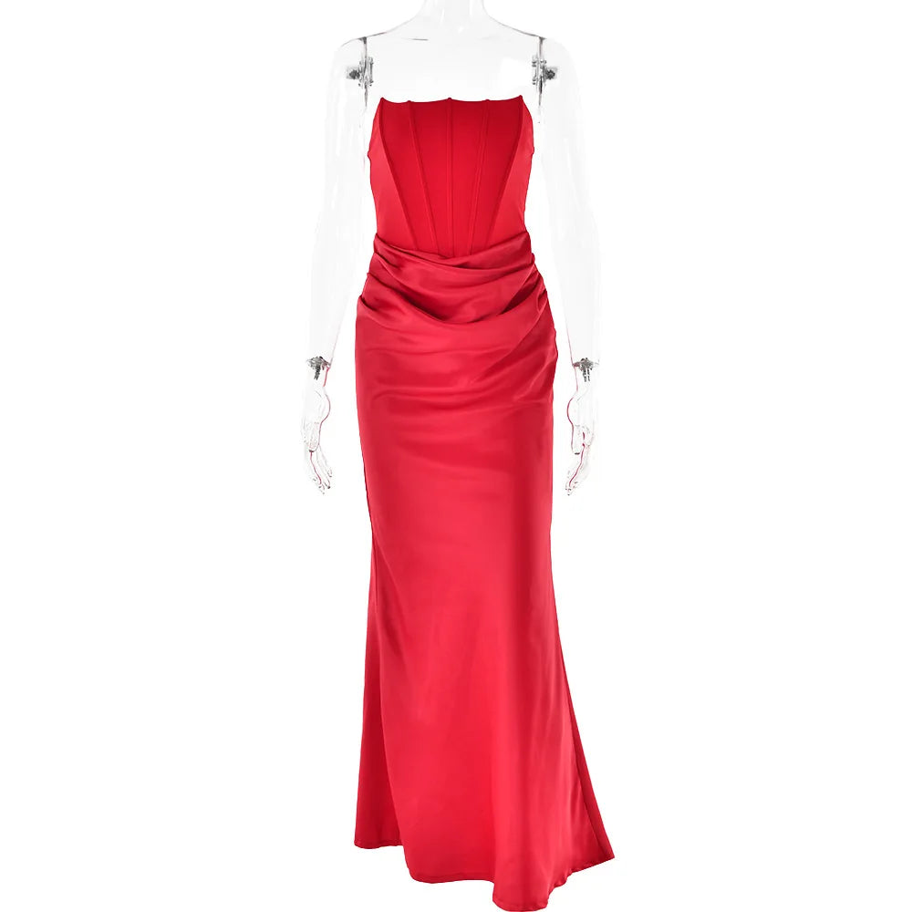 Elegant Corset Strap Neck Backless Maxi Red Christmas Party Dress / S Dresses-L