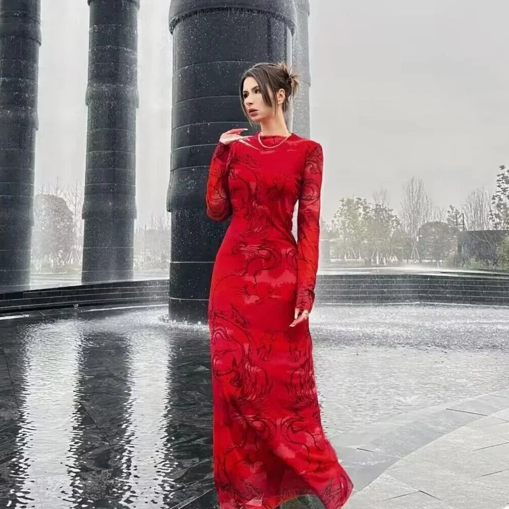 Versatile Limited Printed Screen Dress Women’s Fashion Style Year Loong Christmas Party Dresses-L