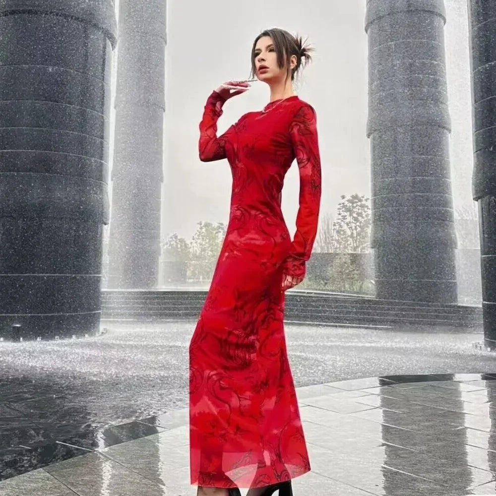 Versatile Limited Printed Screen Dress Women’s Fashion Style Year Loong Christmas Party Dresses-L