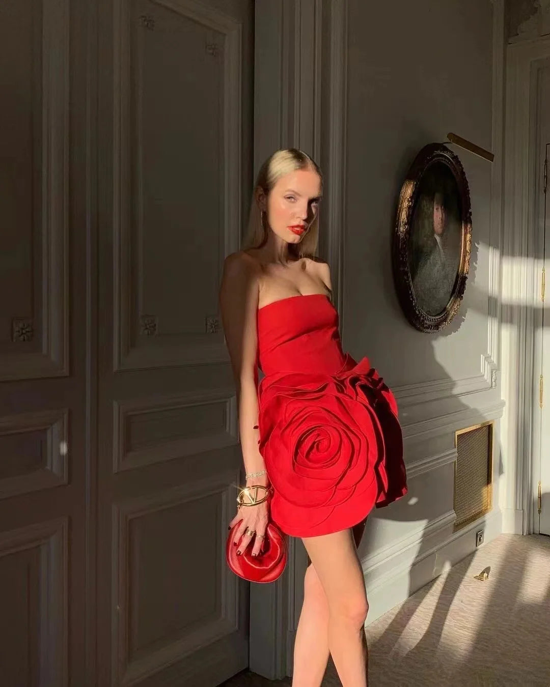 Stereoscopic Flowers Strapless Christmas Party Dress Dresses-L