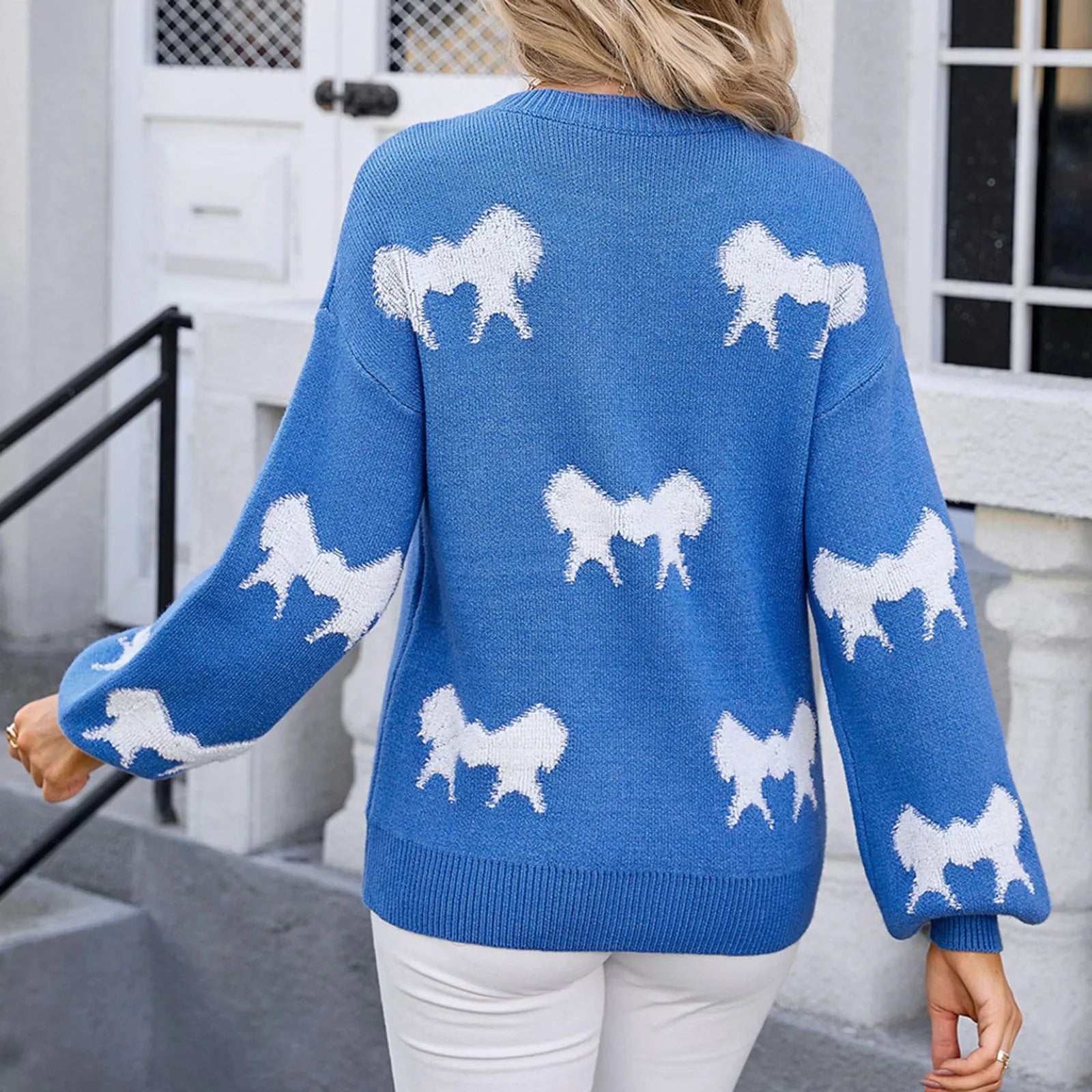 Oversize Bow Basic Print O-Neck White Thick Knitted Christmas Sweater Sweaters-L