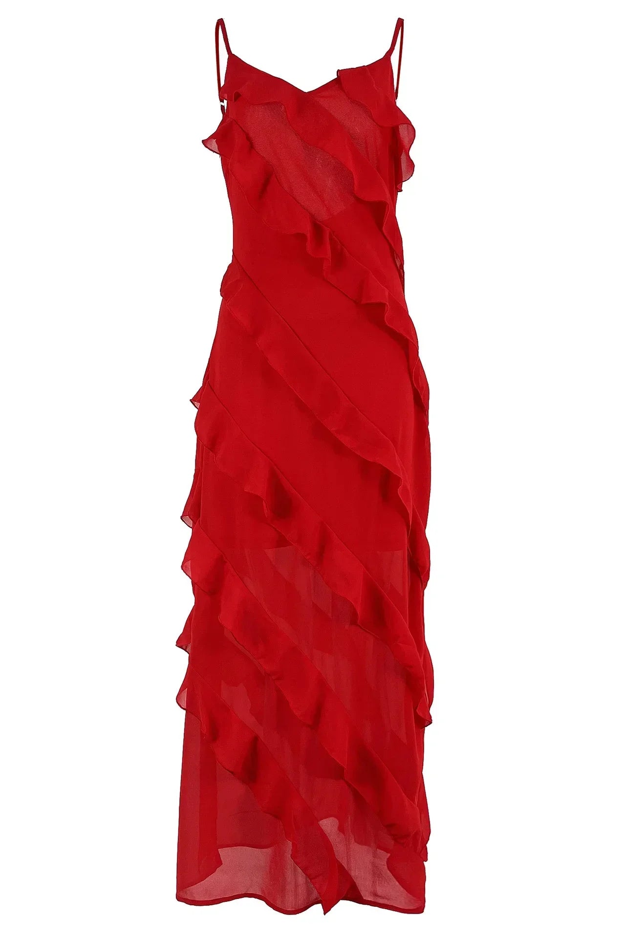 Elegant Ruffles Chiffon Backless Split Maxi Red Christmas Party Dress / S Dresses-L