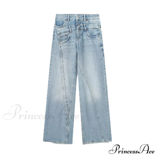 2024 Female Fashion Patchwork Denim Pant High Waist Vintage Women Casual Street Slim Wide Leg Long