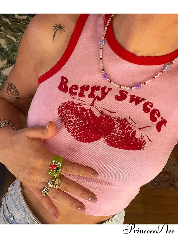 2024 Pink Print Y2K Summer Off Shoulder O Neck Sleeveless Fashion Vintage Crops Women Casual Sexy