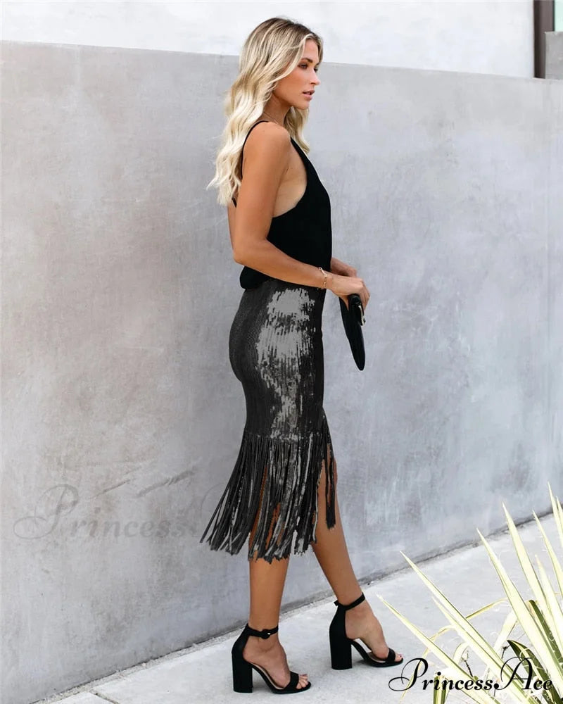 2024 Sequin Tassel Tight Midi Skirt Skirts