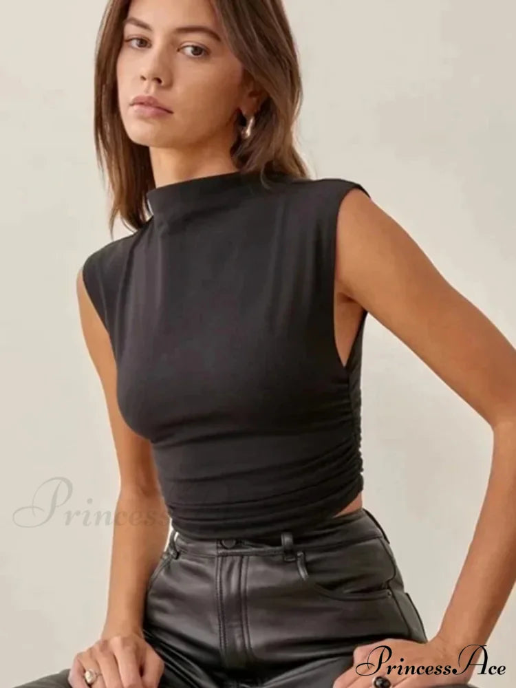 2024 Summer Black Turtleneck Crop Purple Solid Sleeveless Women Tshirt Rave Outfits E Girl Colorful