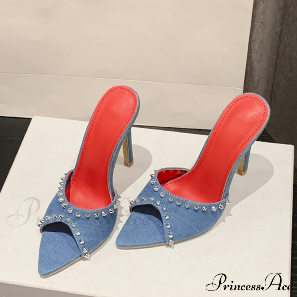 2024 Summer Fashion Metal Rivet Designer High Heels Women Slippers Pointed Toe Party Stripper Shoes