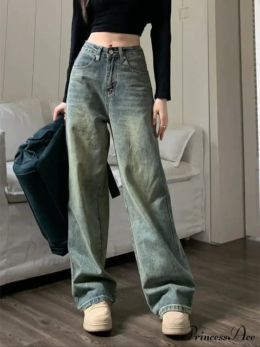2024 Vintage Korean Denim Pants Y2K American Retro Waist Cowboy Slim Straight Leg Wide Jeans Blue /