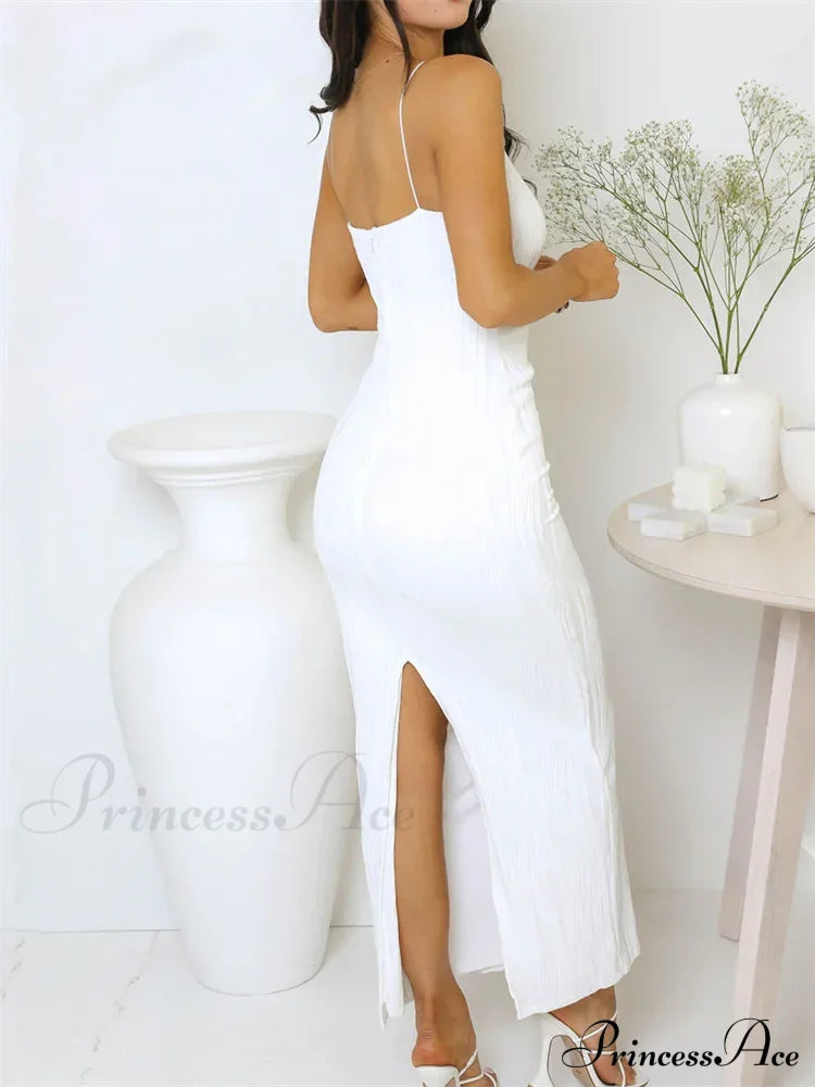 2024 Women Long Ruched Sleeveless Slim Solid Summer Party Back Split Clubwear Female Maxi Dress