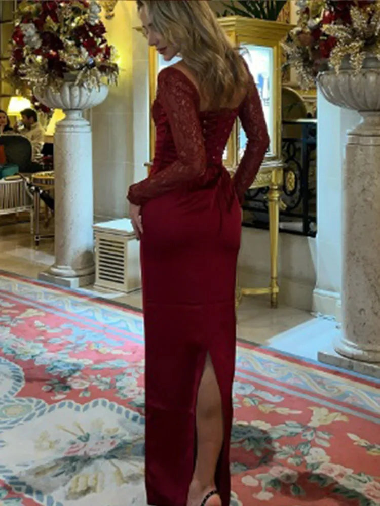 Red Lace Patchwork Split Party Dress Partydress-241208