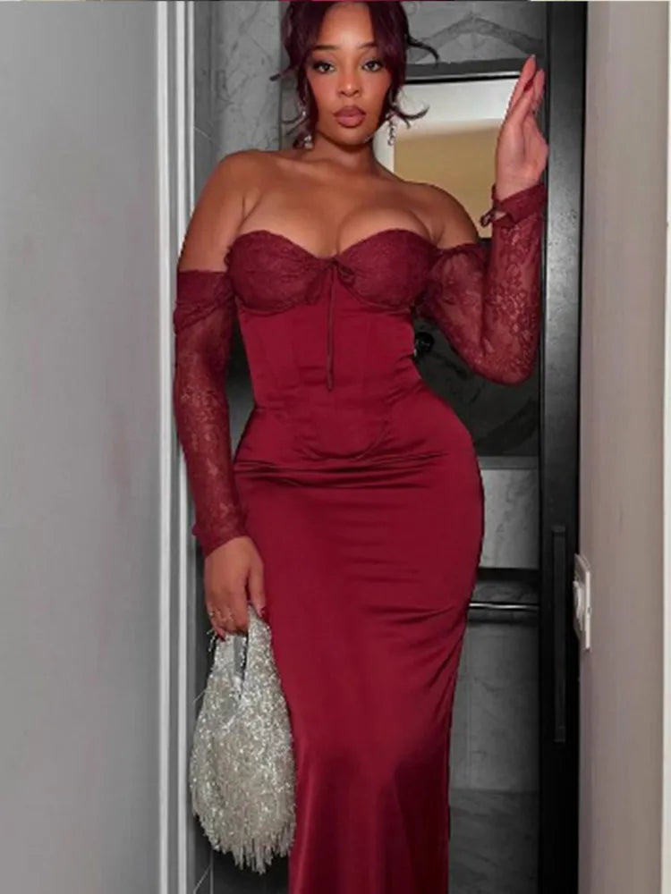 Red Lace Patchwork Split Party Dress Partydress-241208