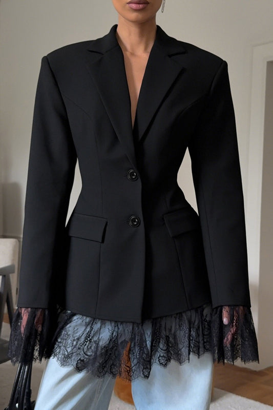 Lace Trim Flap Pocket Fitted Blazer