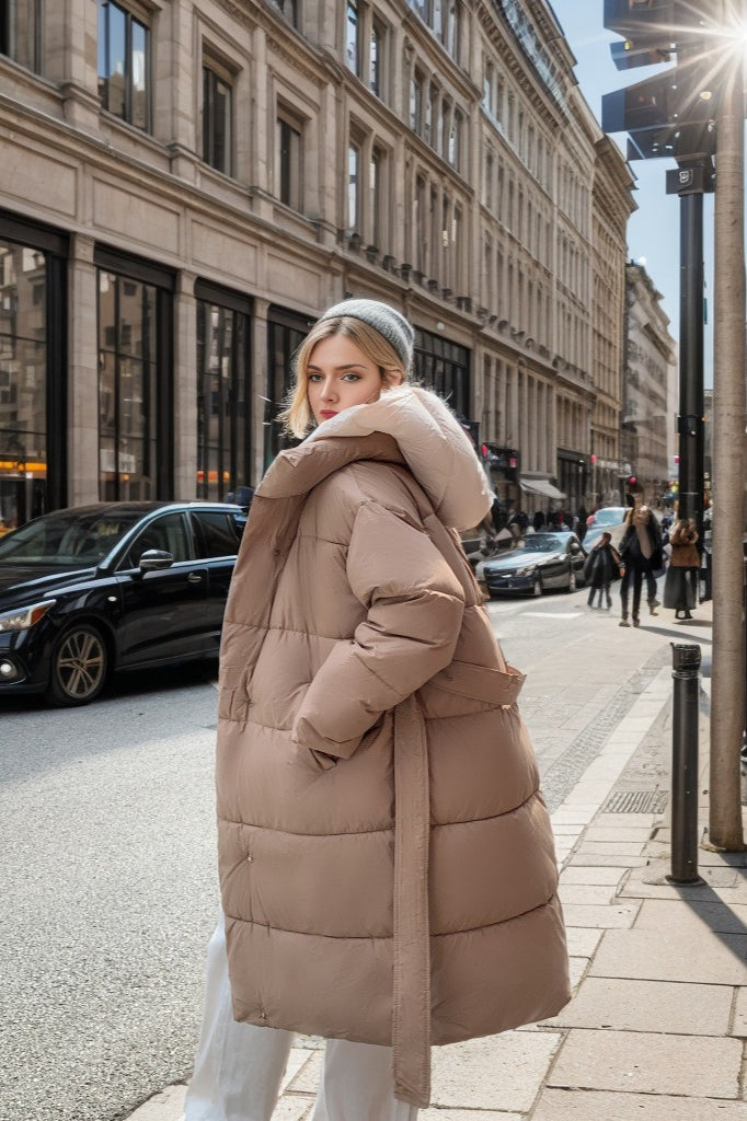 Colorblock Mid-Length Hooded Puffer Puffer Jacket