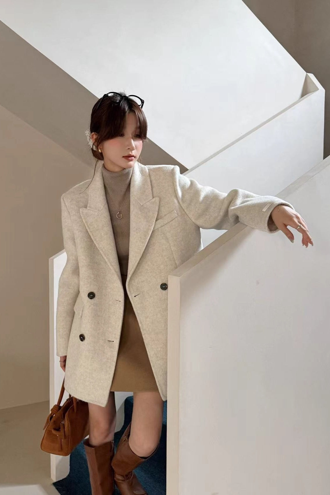 Tailored Collar Double-Face Wool Midi Coat Off-White / S